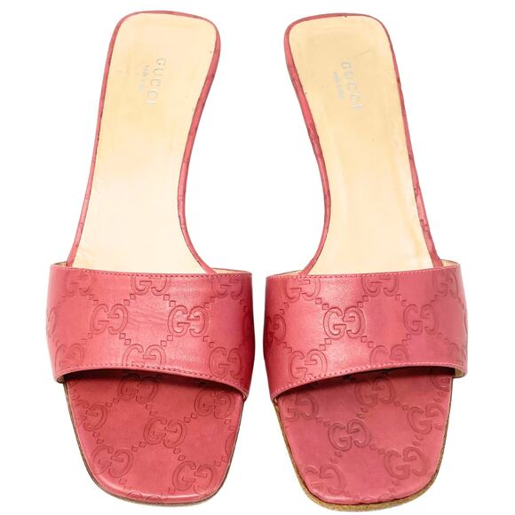 Gucci GG Logo Rose Red Pink Aleppo Monogram Guccissima Leather Mules Heels EU39 - Picture 2 of 10